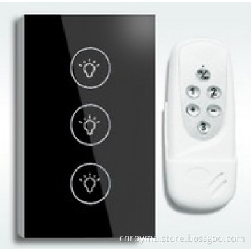 3 gang touch wall switch with wireless remote control, wall light switch 3 way, crystal glass panel,US model
